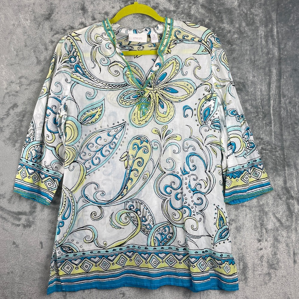 Chicos Tunic Top Womens Medium Beaded Abstract Floral Cotton Shirt Lightweight